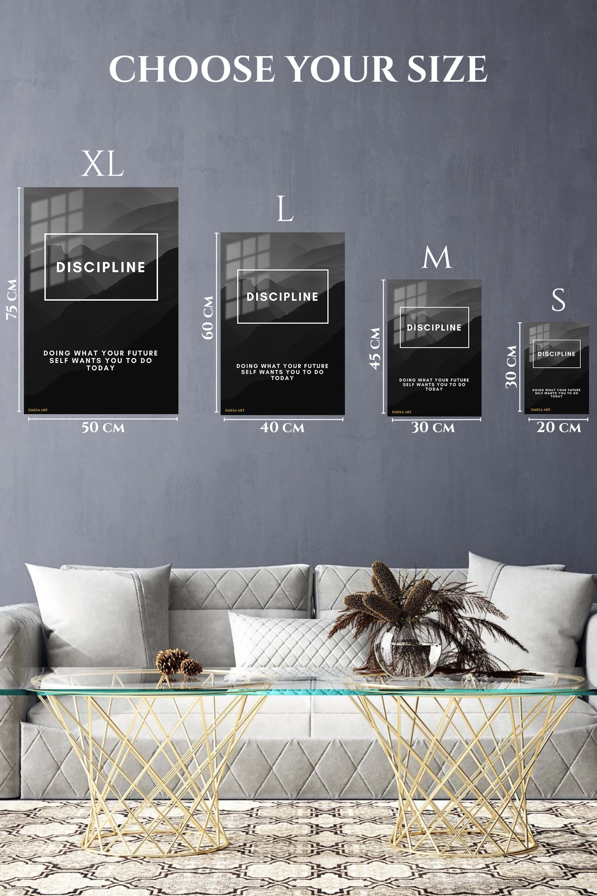 EMESA metal wall art size comparison guide for Discipline Mountain Motivation