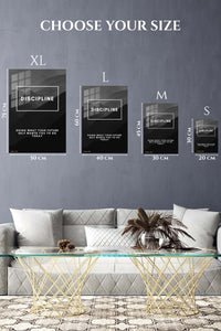 EMESA metal wall art size comparison guide for Discipline Mountain Motivation
