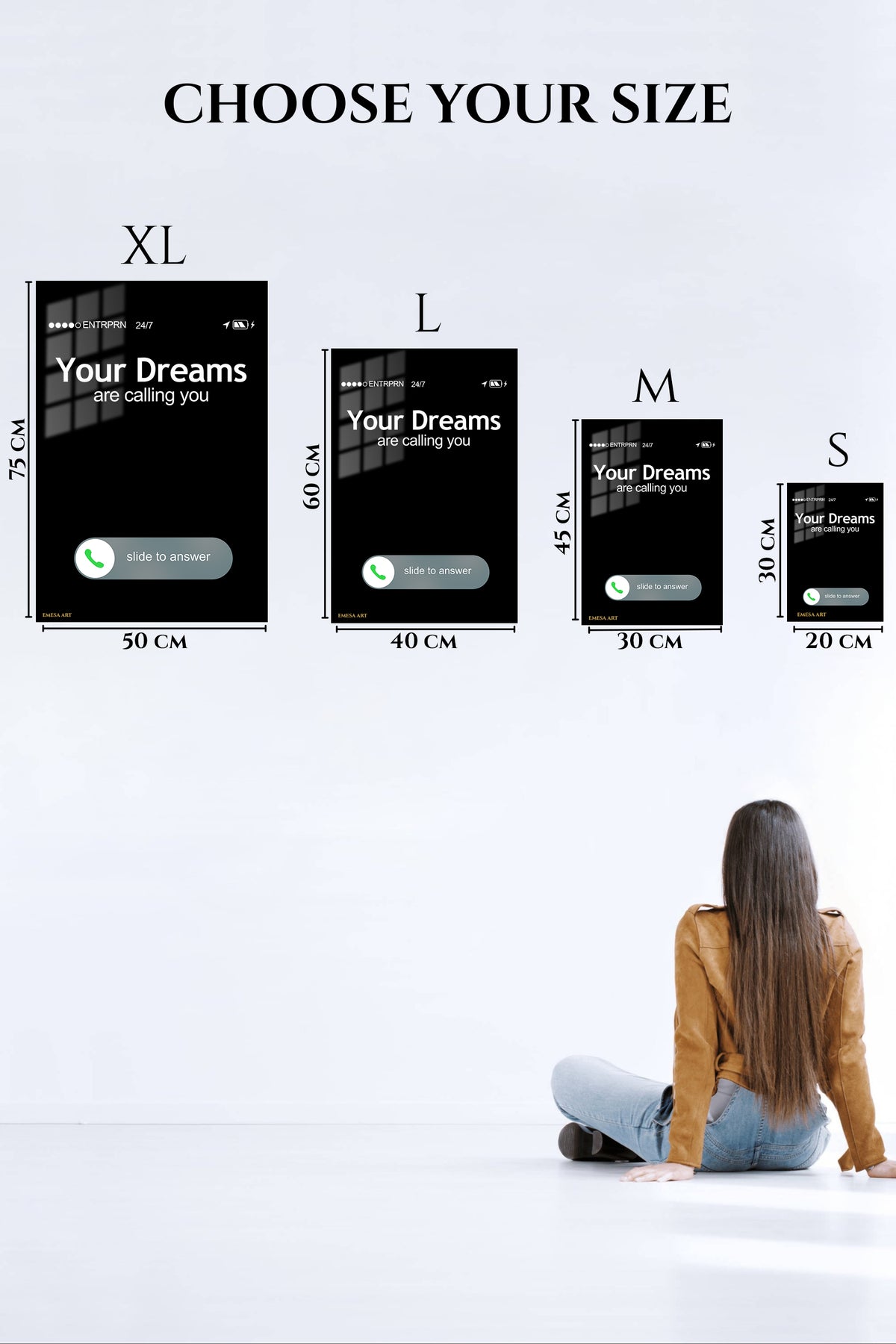 EMESA metal wall art size comparison guide for Your Dreams Are Calling
