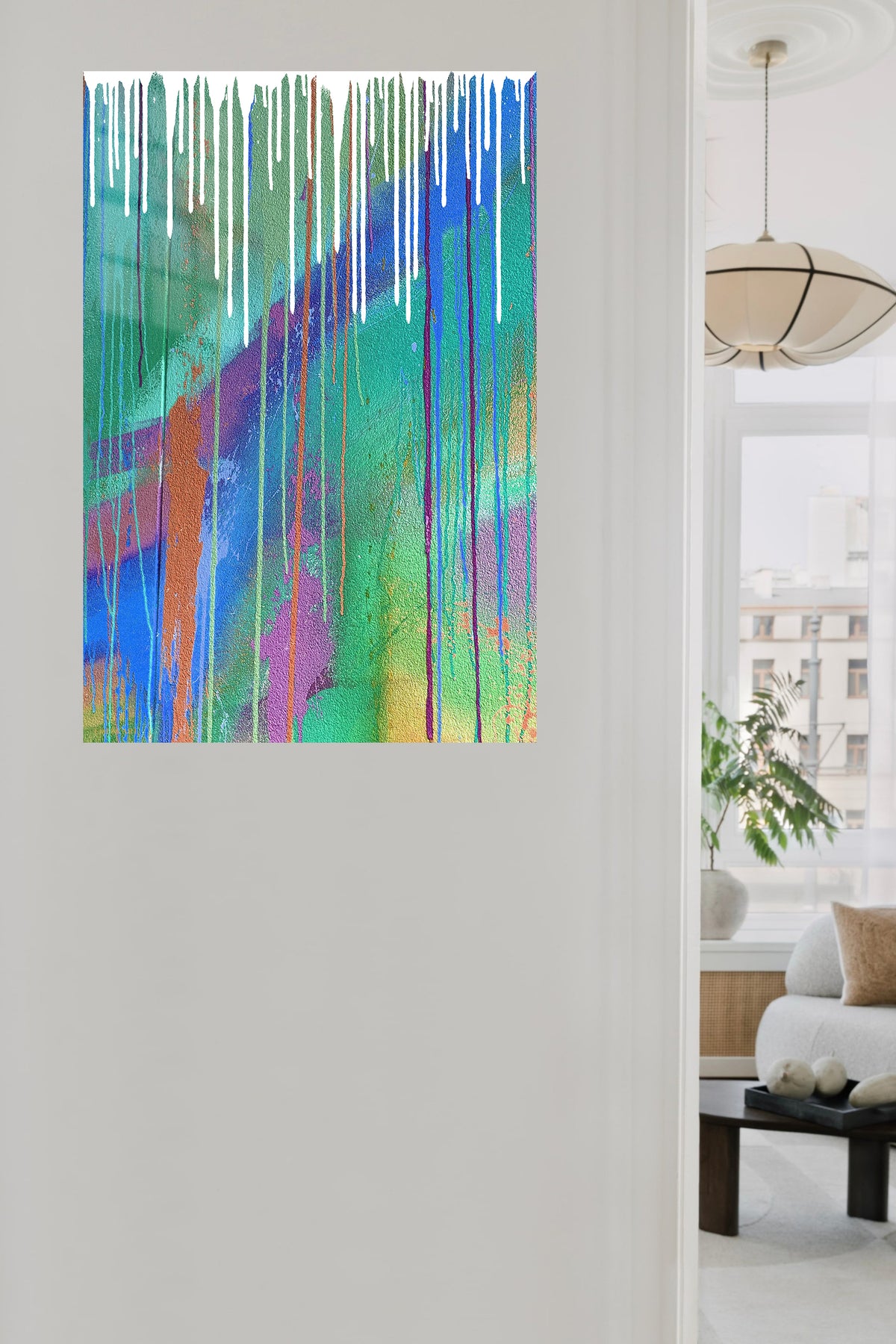 Vivid Cascading Color metal wall art displayed in a contemporary living space