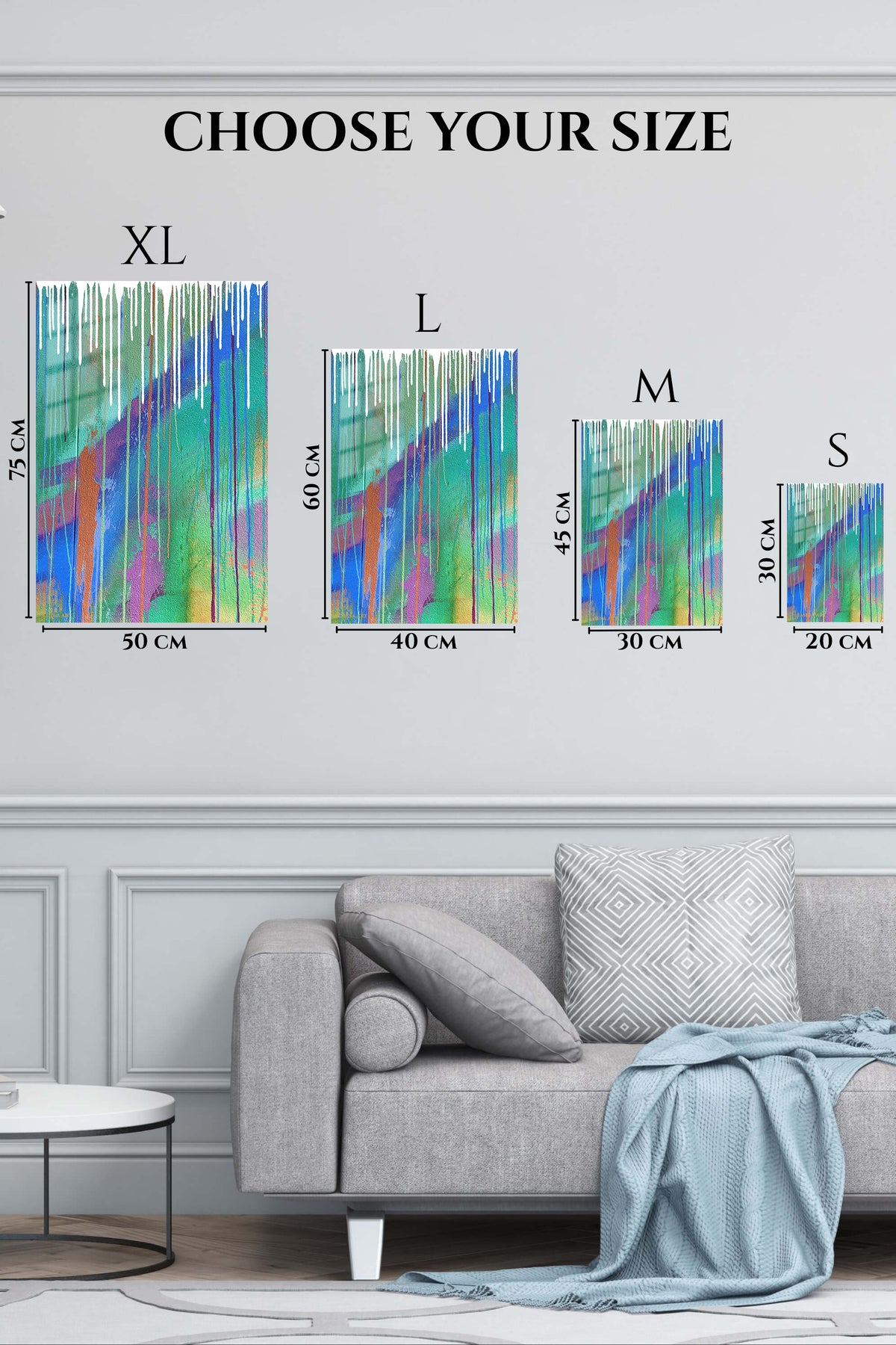 EMESA metal wall art size comparison guide for Vivid Cascading Color