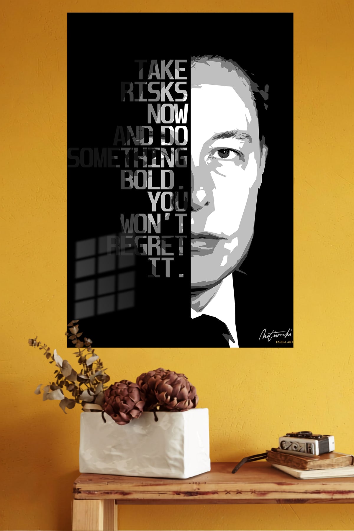 Take Risks Motivational Portrait metal wall art displayed in a modern interior