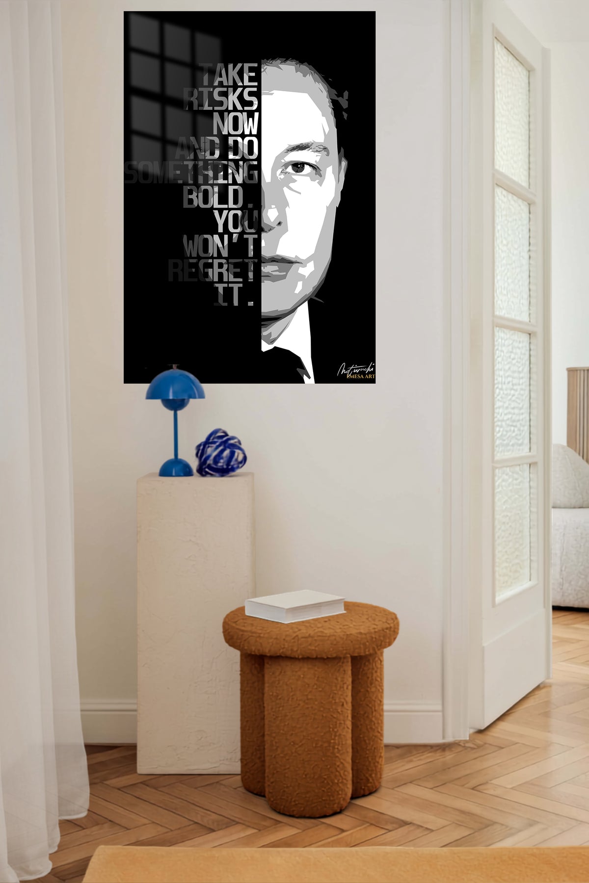 Take Risks Motivational Portrait metal wall art displayed in a contemporary living space