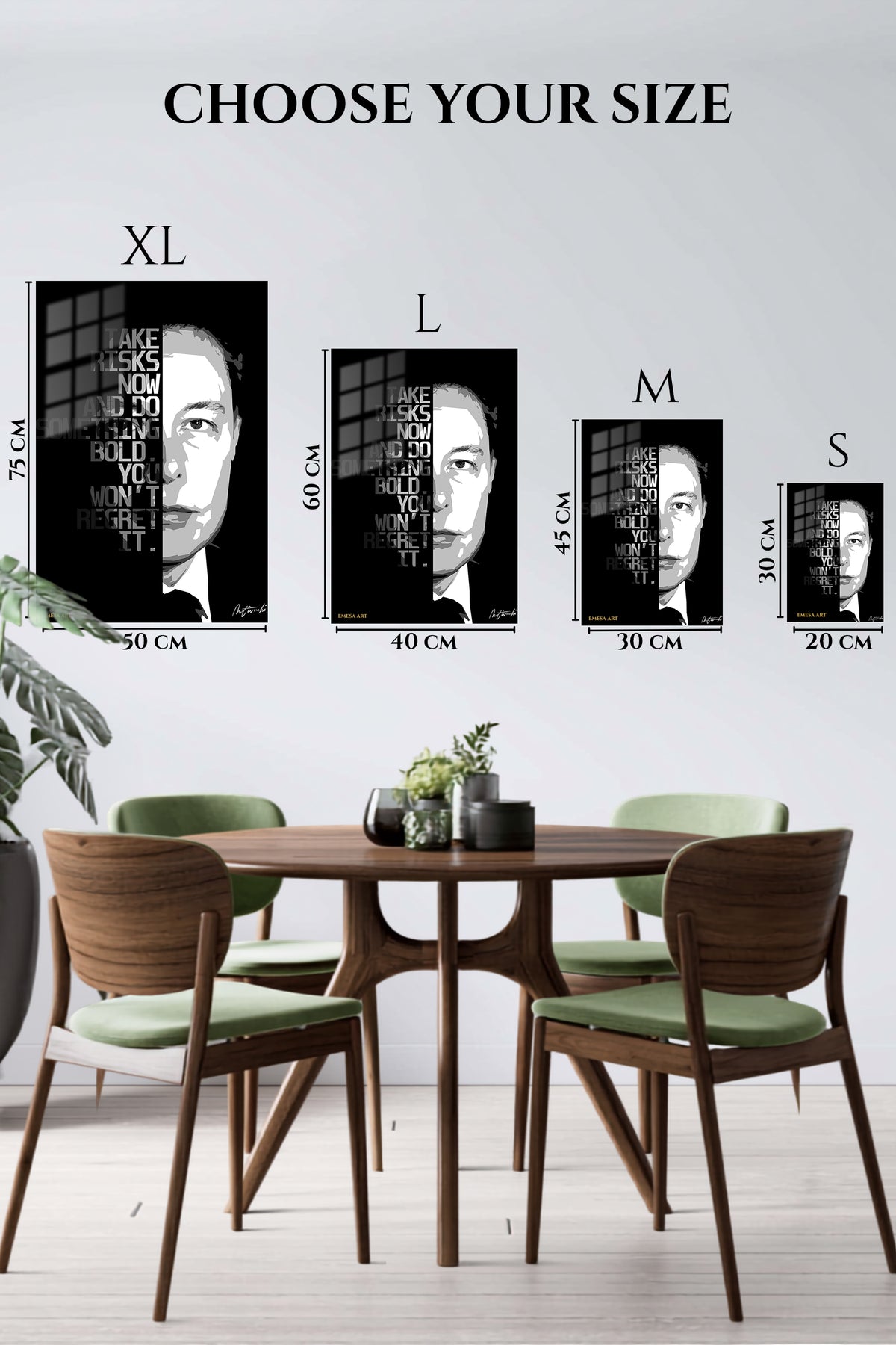 EMESA metal wall art size comparison guide for Take Risks Motivational Portrait