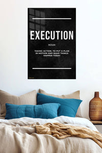 Execution Definition Motivational Typography metal wall art displayed in a contemporary living space