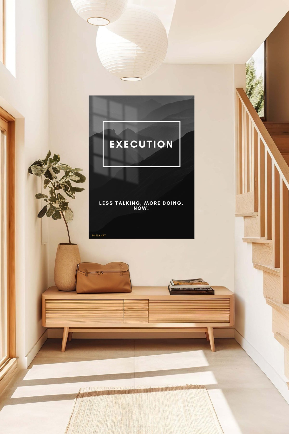 Execution Mountain Motivation metal wall art displayed in a contemporary living space