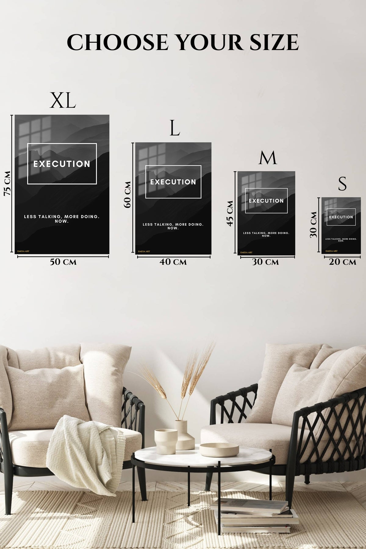 EMESA metal wall art size comparison guide for Execution Mountain Motivation