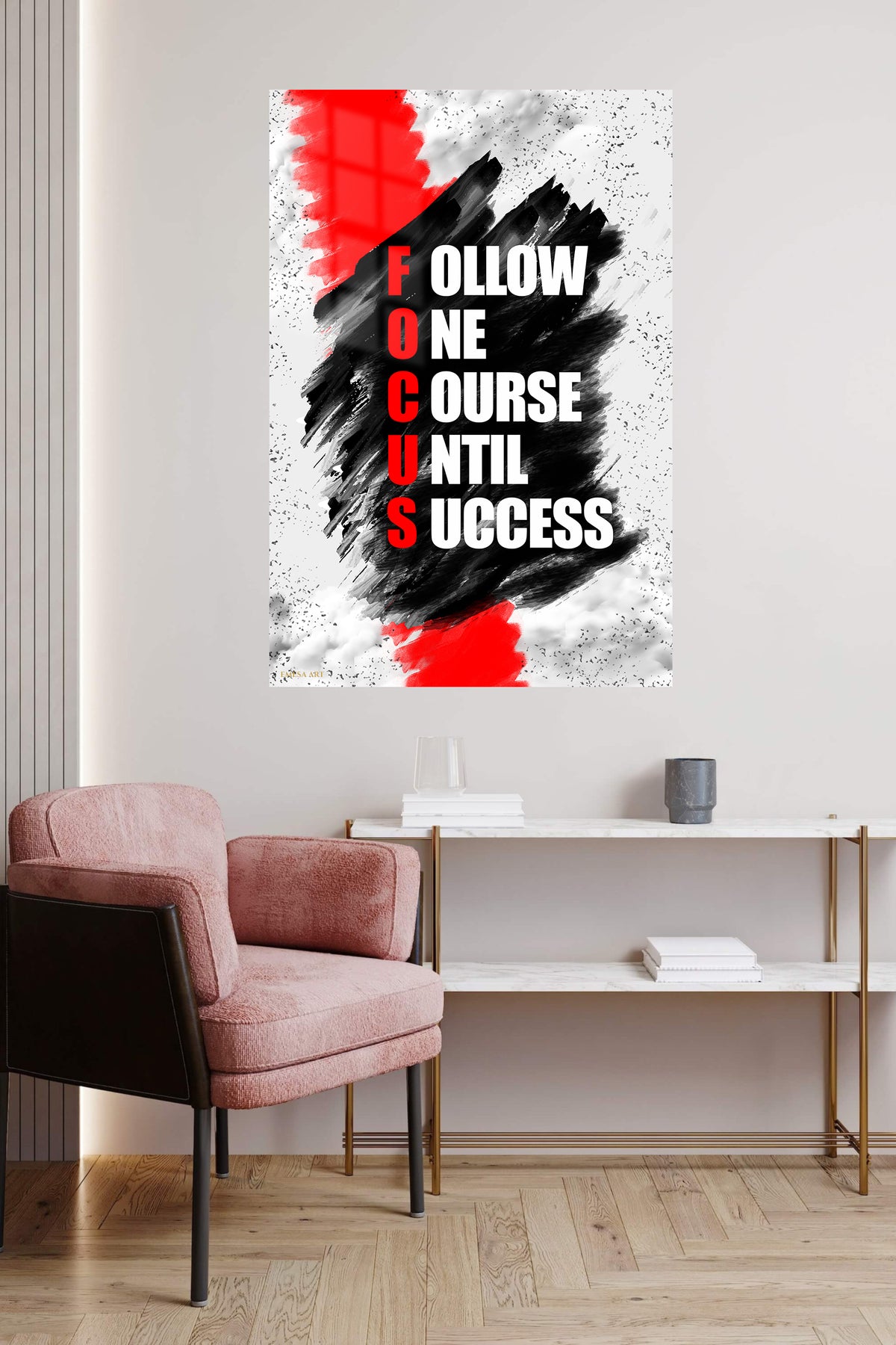 Focus on Success metal wall art displayed in a contemporary living space
