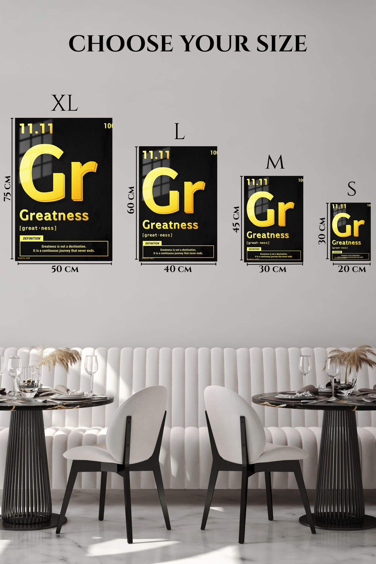 EMESA metal wall art size comparison guide for Greatness Is a Continuous Journey