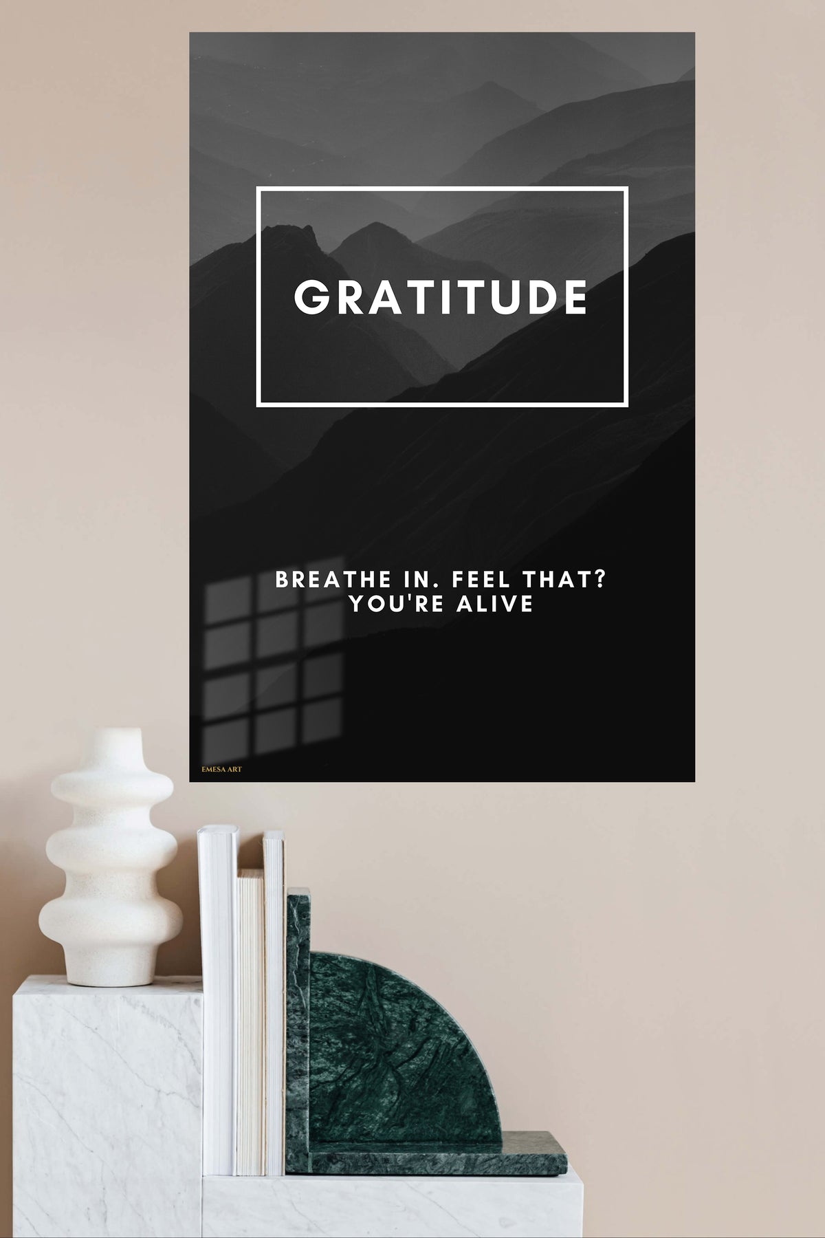 Gratitude Mountain Breath metal wall art displayed in a modern interior