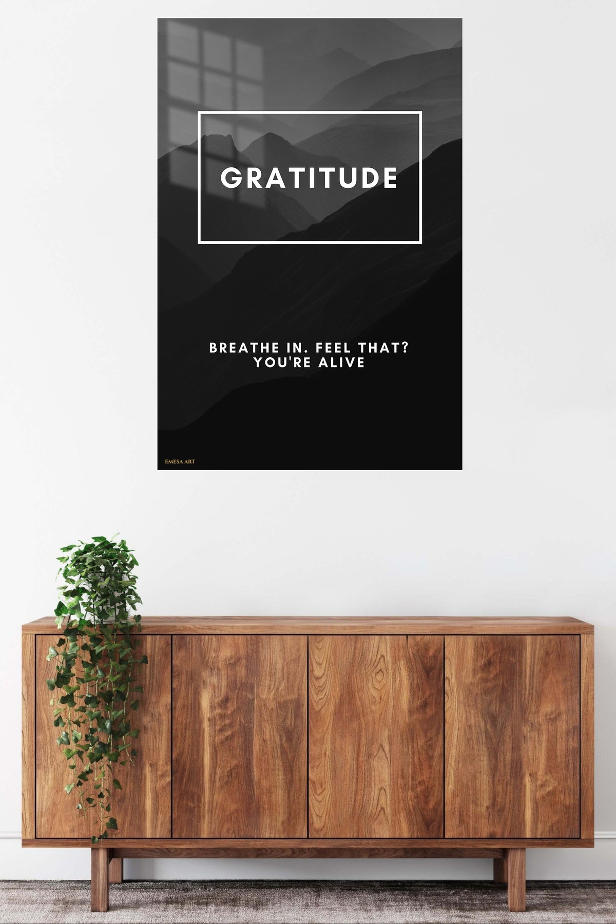 Gratitude Mountain Breath metal wall art displayed in a contemporary living space