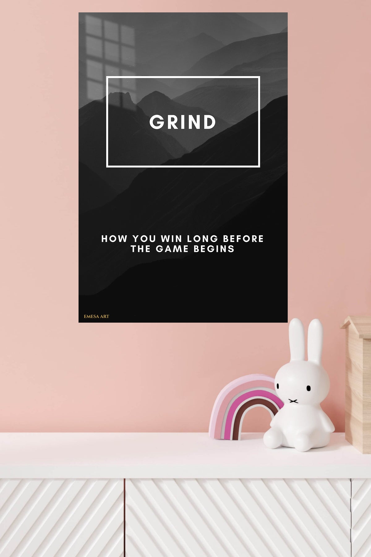 Grind Mountain Motivation metal wall art displayed in a modern interior