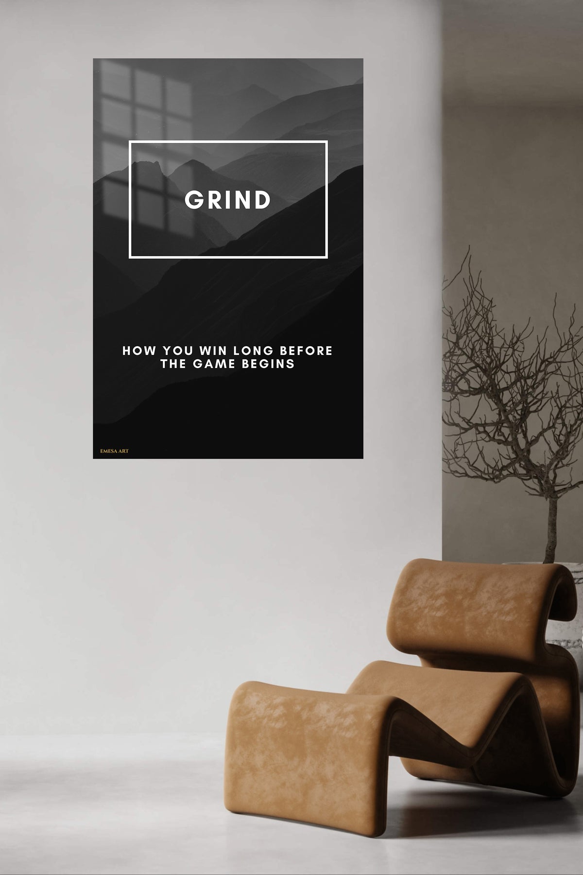 Grind Mountain Motivation metal wall art displayed in a contemporary living space