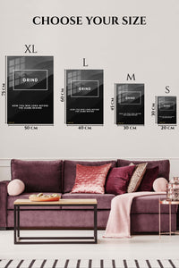 EMESA metal wall art size comparison guide for Grind Mountain Motivation