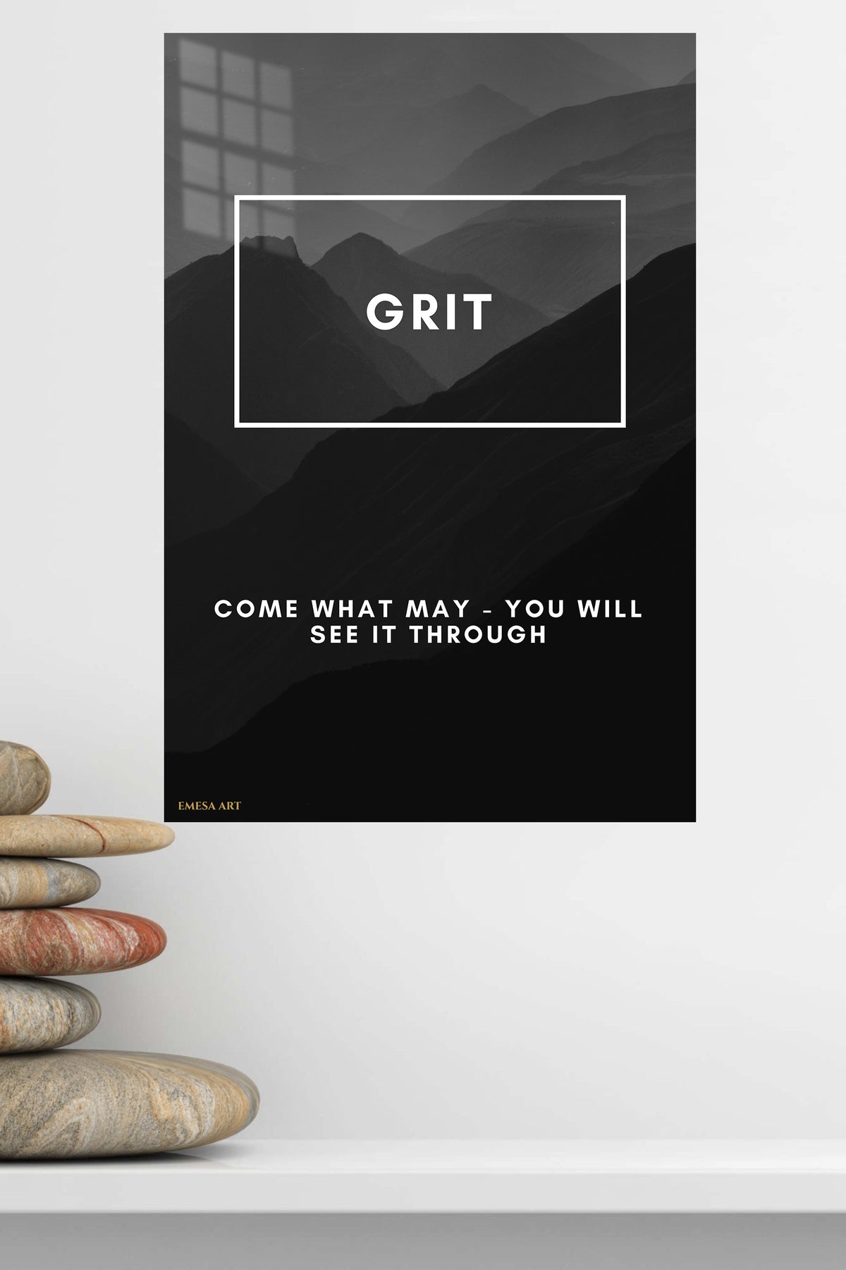 Grit Mountain Motivation metal wall art displayed in a modern interior
