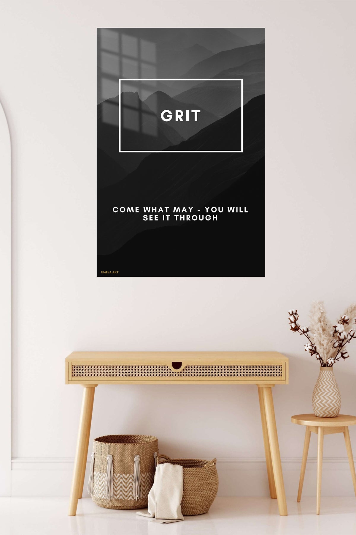Grit Mountain Motivation metal wall art displayed in a contemporary living space