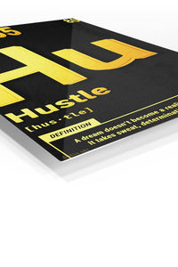Hustle Definition Gold Typography premium metal wall art – angled view