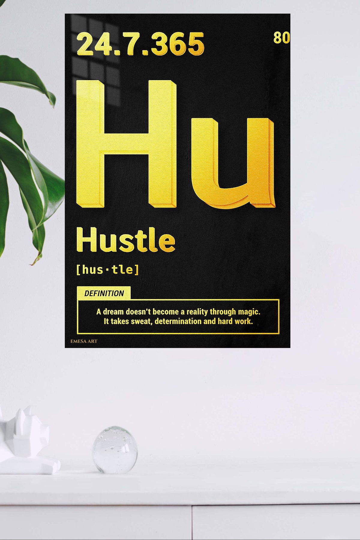 Hustle Definition Gold Typography metal wall art displayed in a modern interior