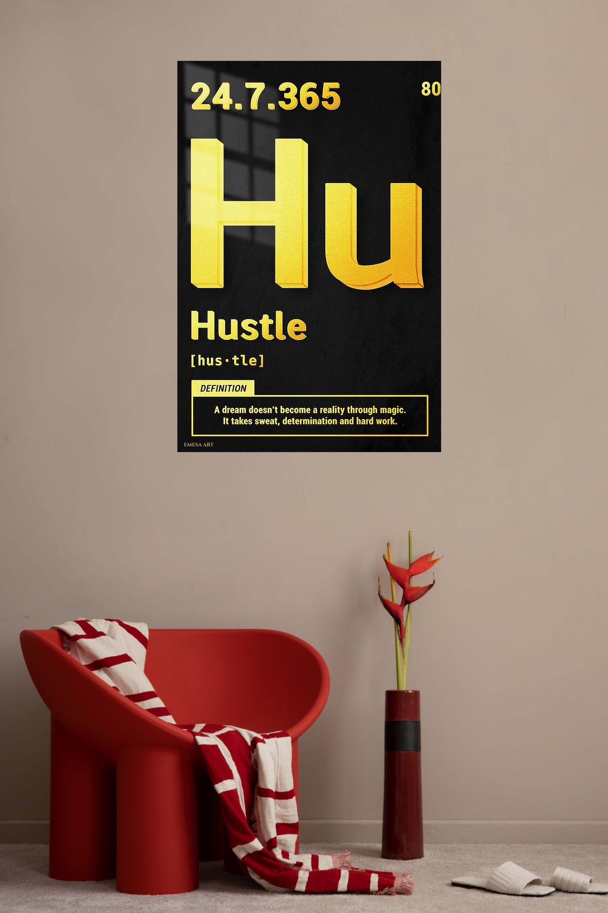 Hustle Definition Gold Typography metal wall art displayed in a contemporary living space