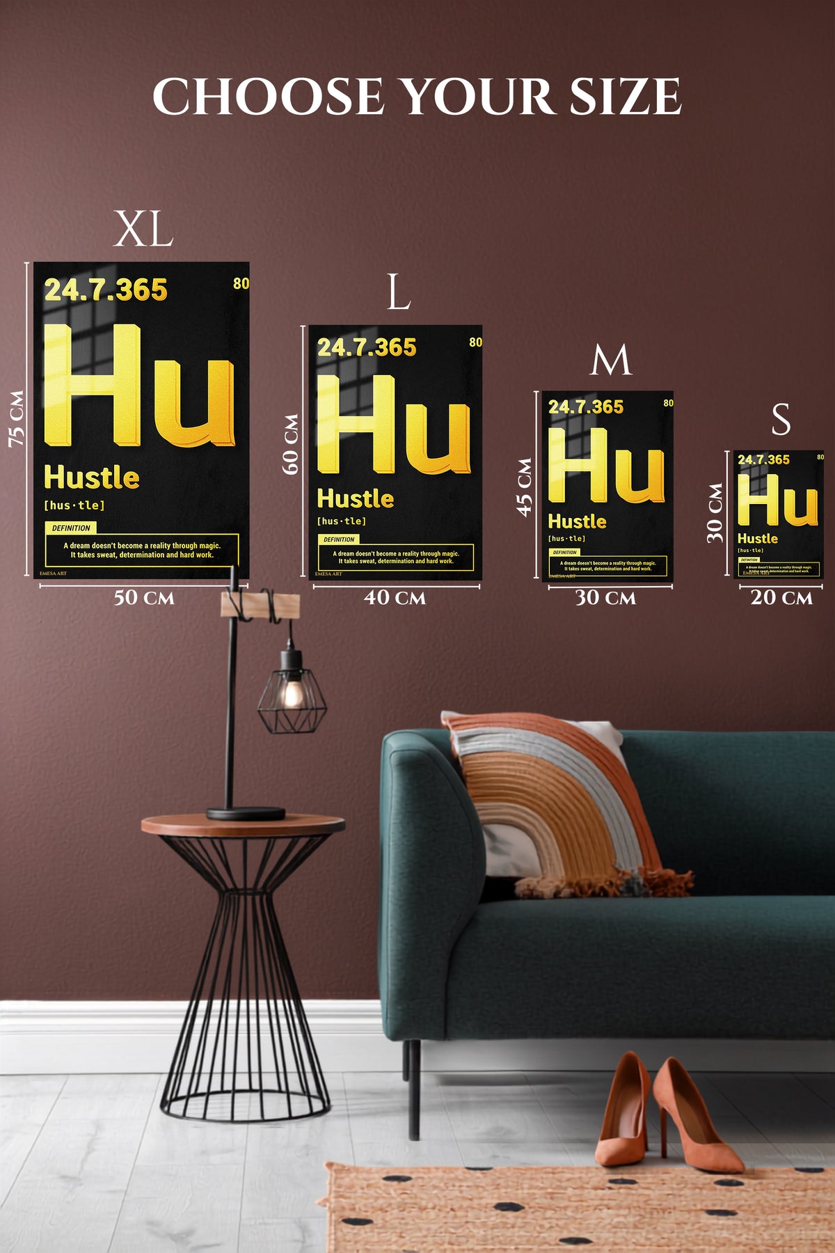 EMESA metal wall art size comparison guide for Hustle Definition Gold Typography