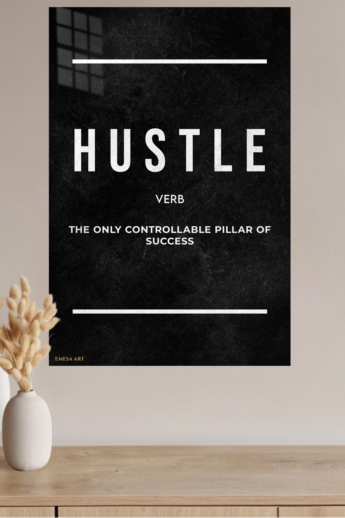 Hustle Success Pillar metal wall art displayed in a modern interior