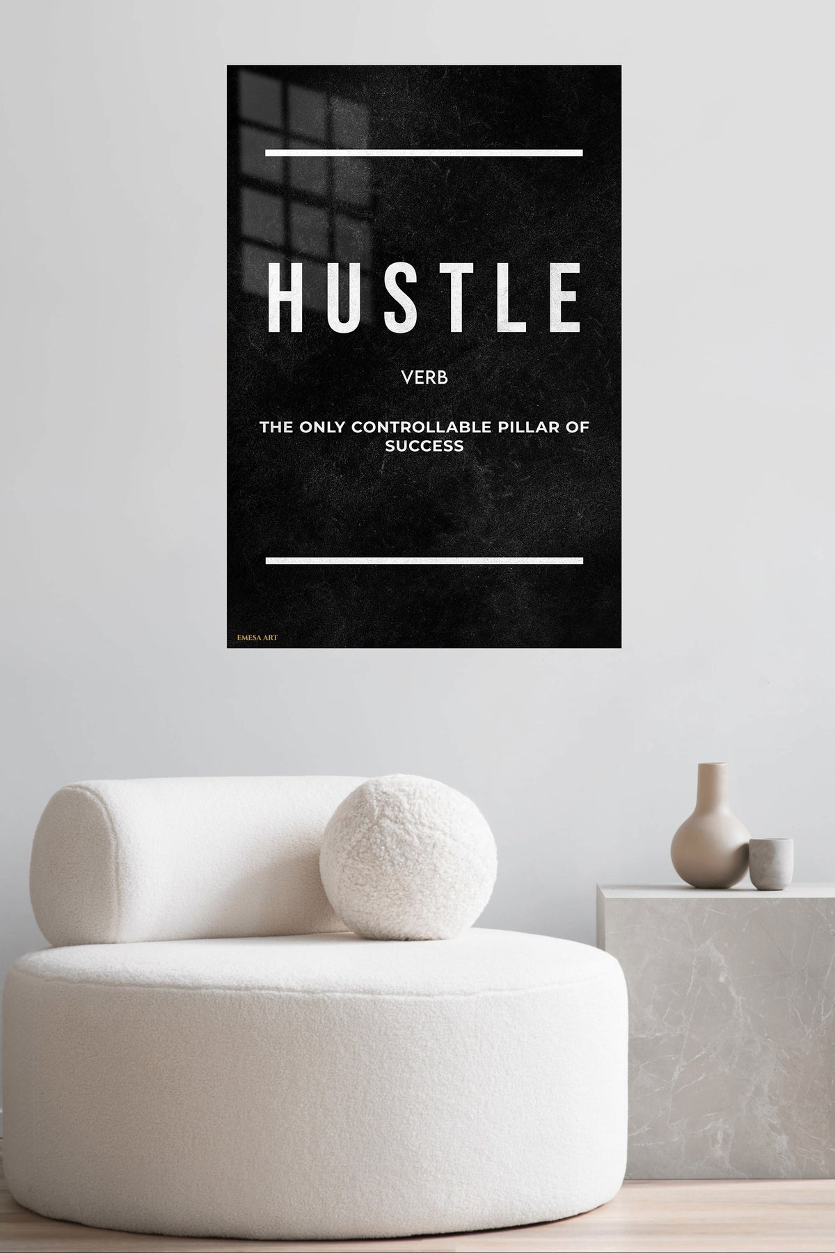 Hustle Success Pillar metal wall art displayed in a contemporary living space