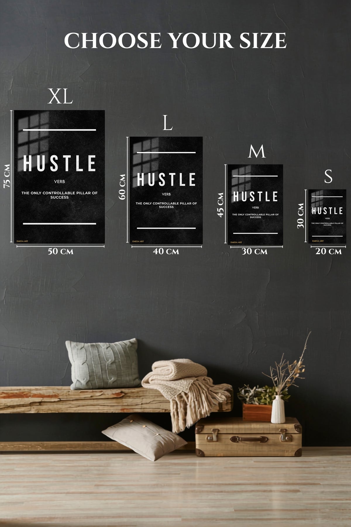 EMESA metal wall art size comparison guide for Hustle Success Pillar