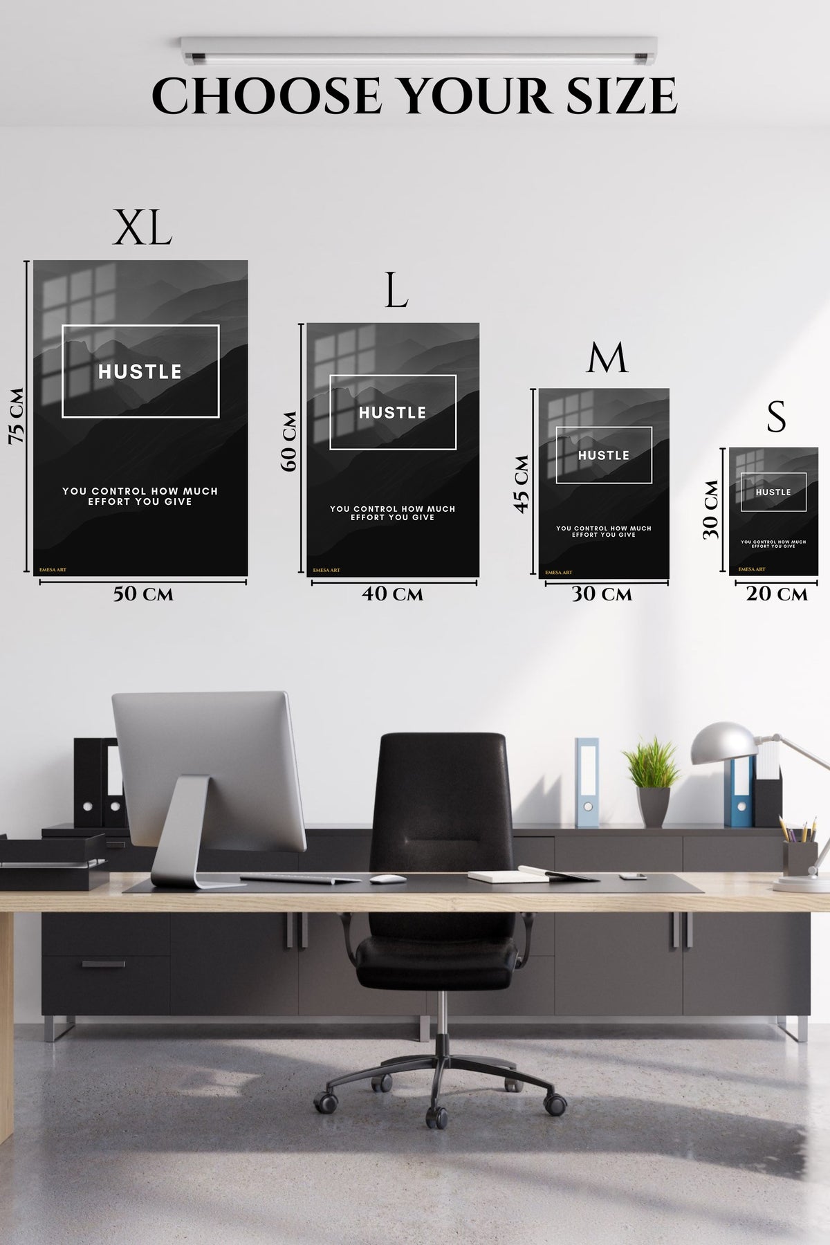 EMESA metal wall art size comparison guide for Hustle Mountain Motivation