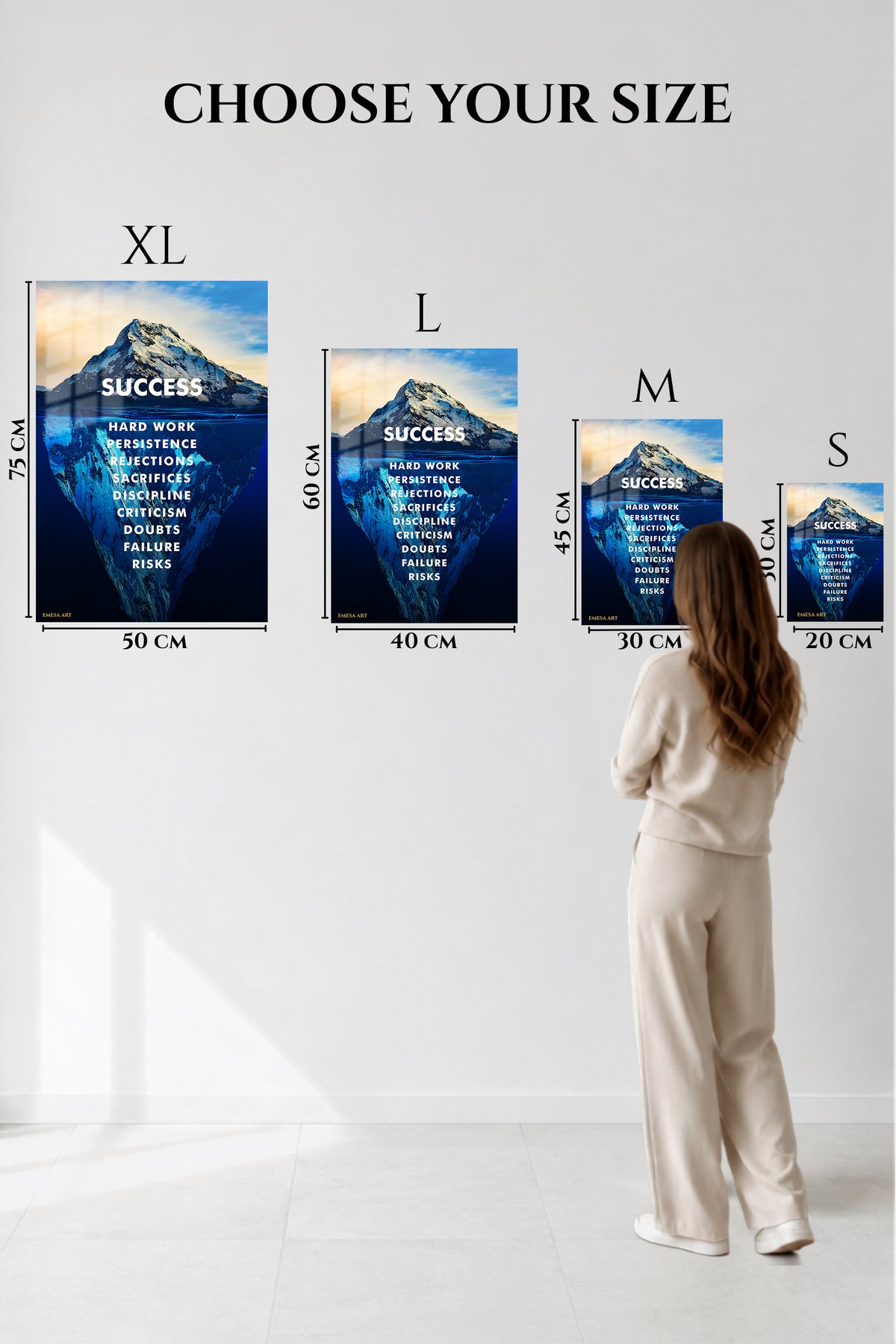 EMESA metal wall art size comparison guide for Success Beneath the Surface