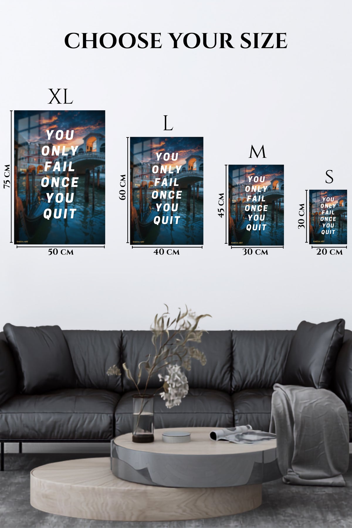 EMESA metal wall art size comparison guide for You Only Fail Once