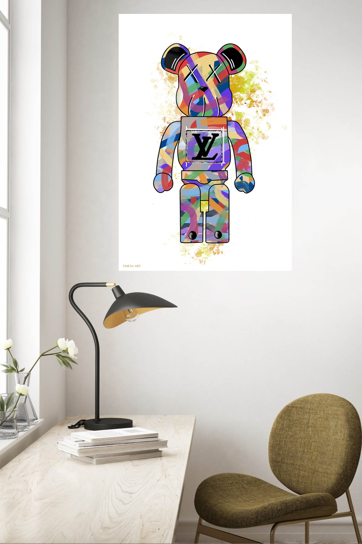 Rainbow Graffiti Bear Figure metal wall art displayed in a contemporary living space