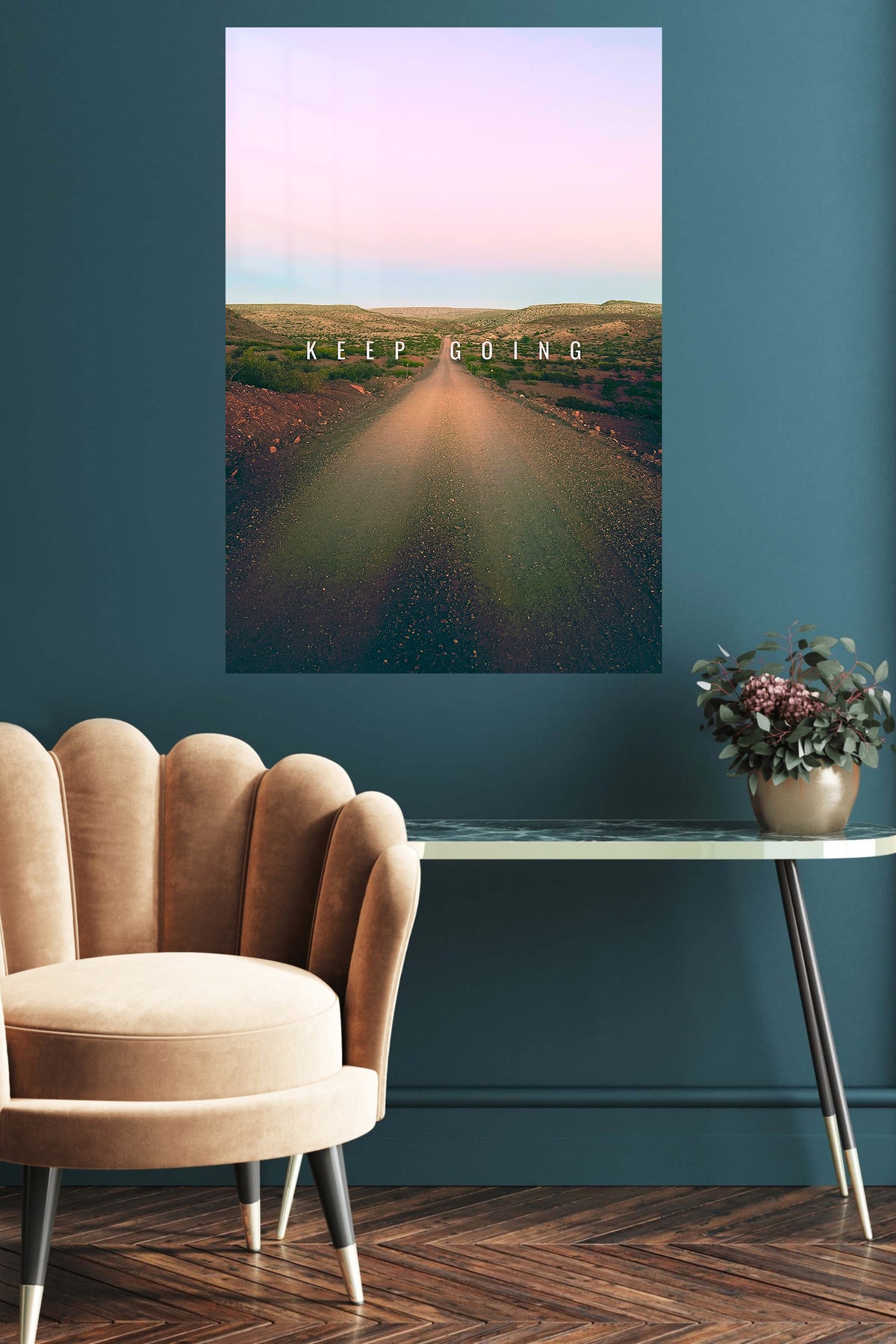 Keep Going Desert Road metal wall art displayed in a contemporary living space