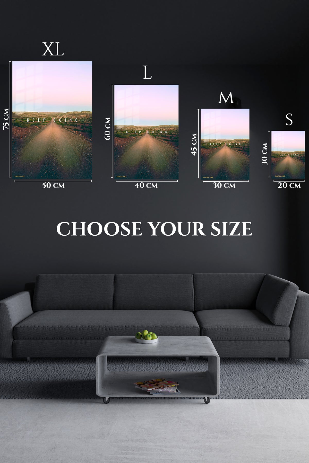 EMESA metal wall art size comparison guide for Keep Going Desert Road