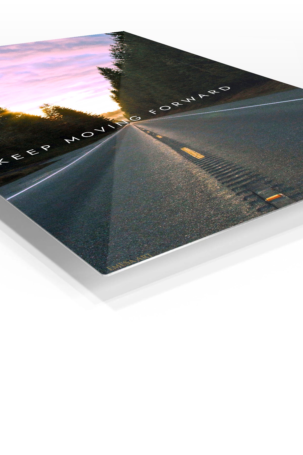 Keep Moving Forward Forest Road premium metal wall art – angled view