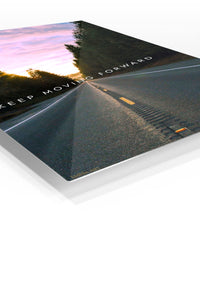 Keep Moving Forward Forest Road premium metal wall art – angled view