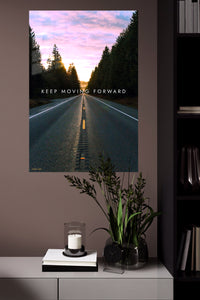 Keep Moving Forward Forest Road metal wall art displayed in a modern interior