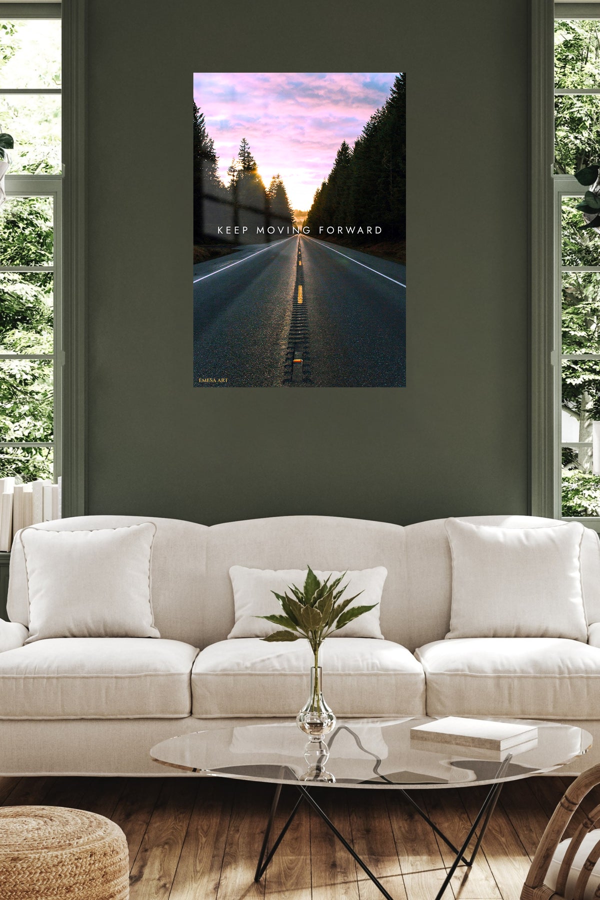 Keep Moving Forward Forest Road metal wall art displayed in a contemporary living space
