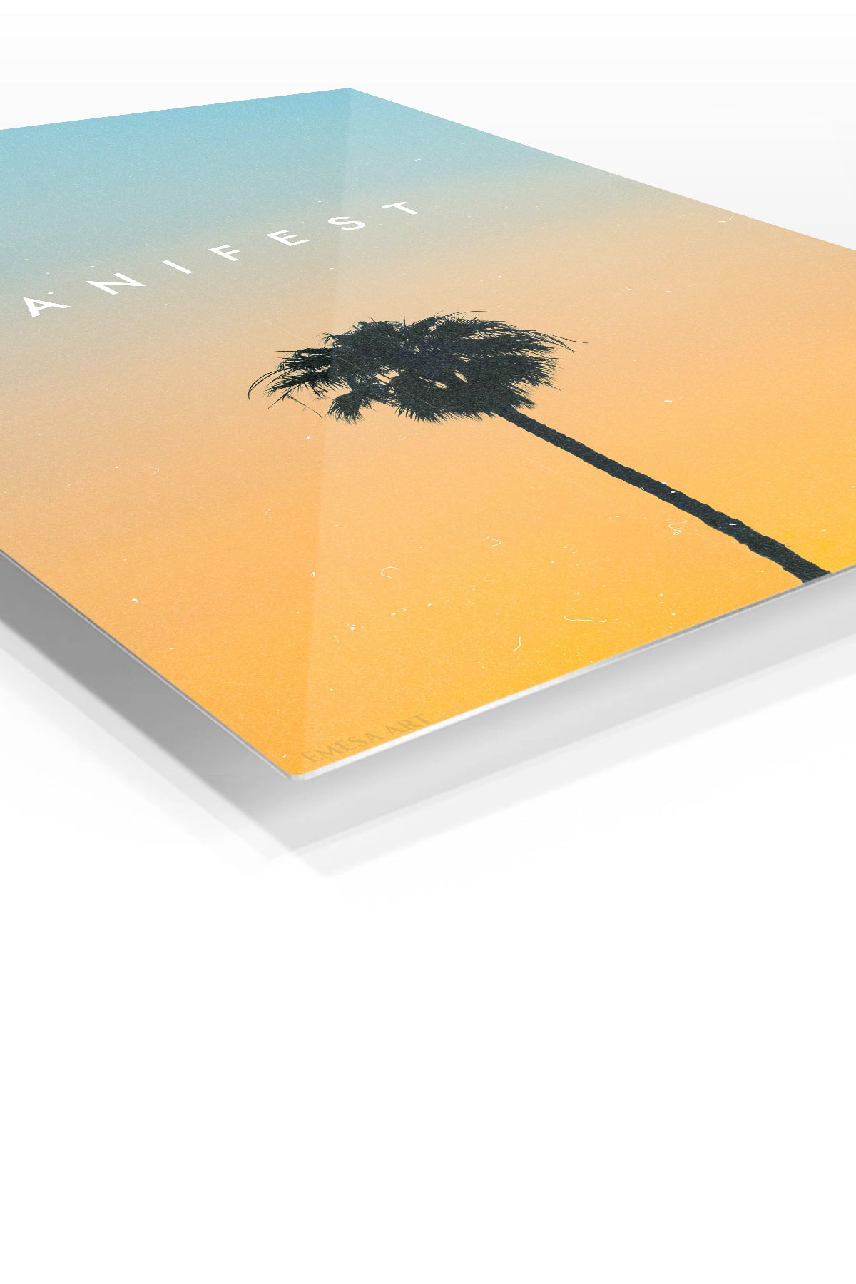 Manifest Palm Sunset premium metal wall art – angled view
