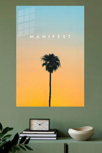 Manifest Palm Sunset metal wall art displayed in a modern interior