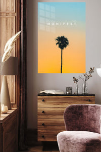 Manifest Palm Sunset metal wall art displayed in a contemporary living space