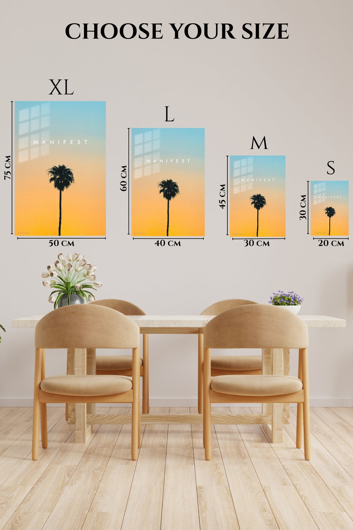EMESA metal wall art size comparison guide for Manifest Palm Sunset