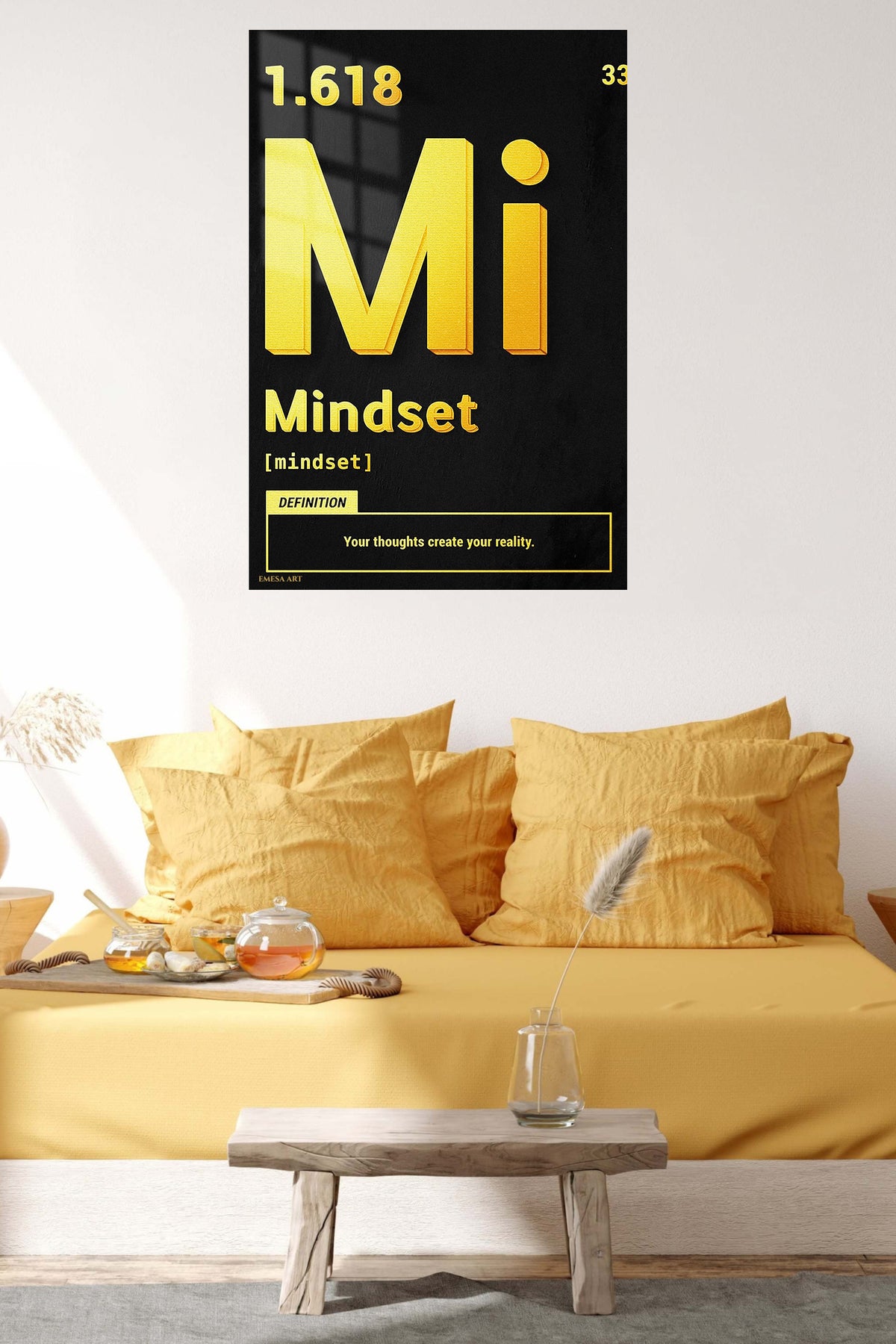 Mindset Definition in Gold metal wall art displayed in a contemporary living space