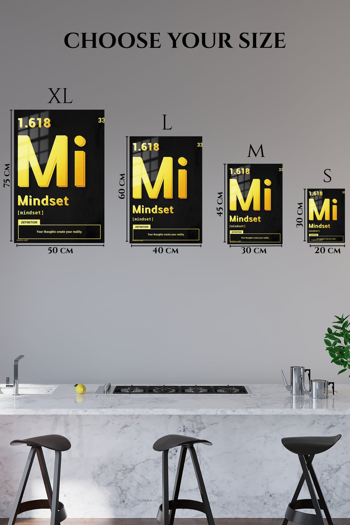 EMESA metal wall art size comparison guide for Mindset Definition in Gold