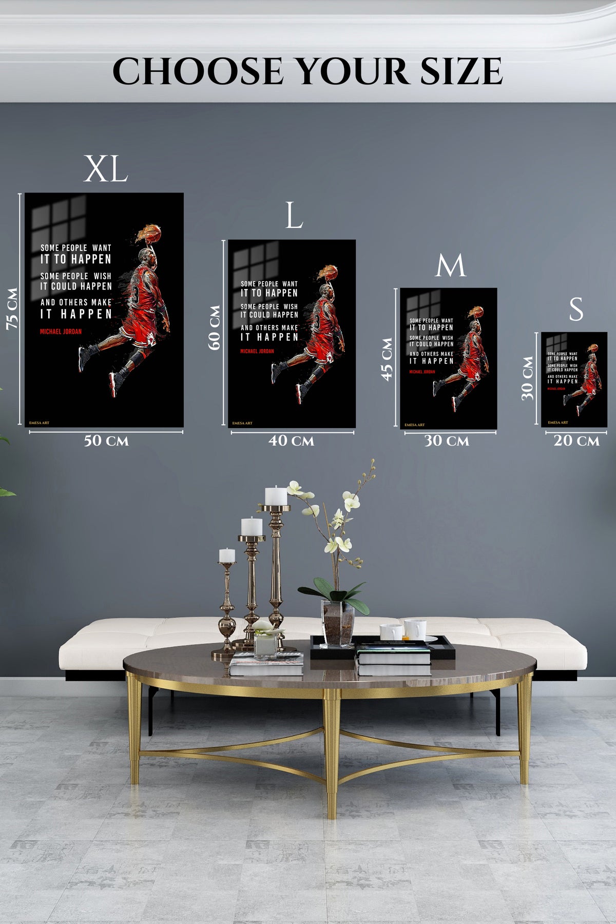 EMESA metal wall art size comparison guide for Make It Happen Basketball Motivation