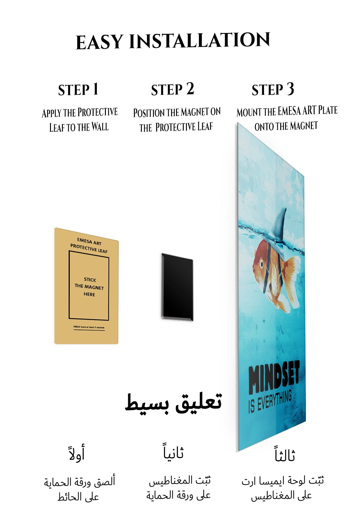 Magnetic mounting installation guide for Mindset Is Everything Goldfish metal wall art
