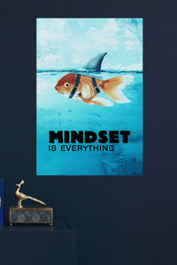Mindset Is Everything Goldfish metal wall art displayed in a modern interior