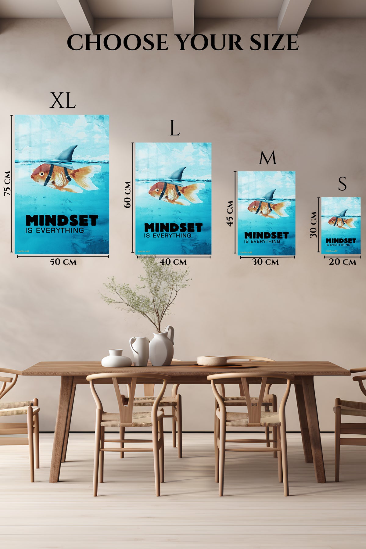 EMESA metal wall art size comparison guide for Mindset Is Everything Goldfish