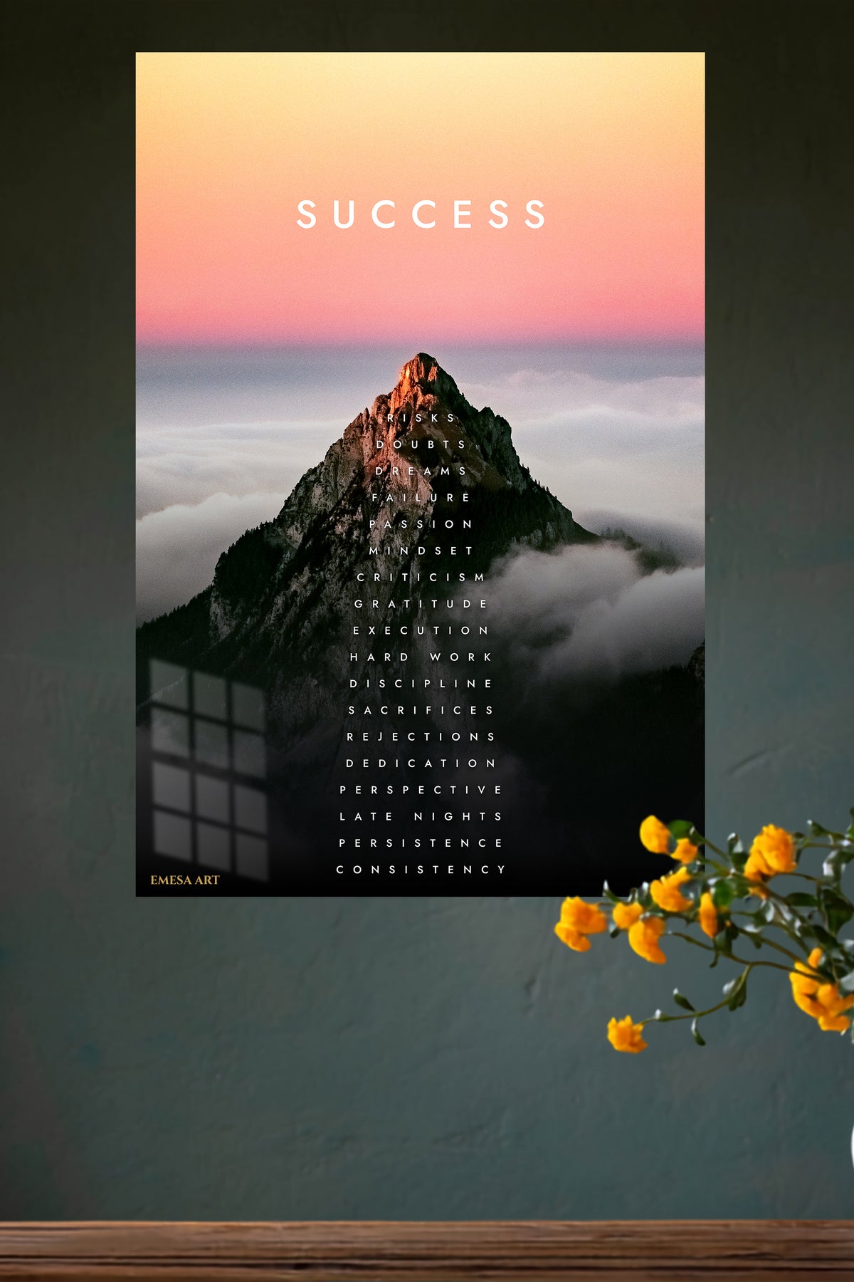 Success Mountain Mindset metal wall art displayed in a modern interior
