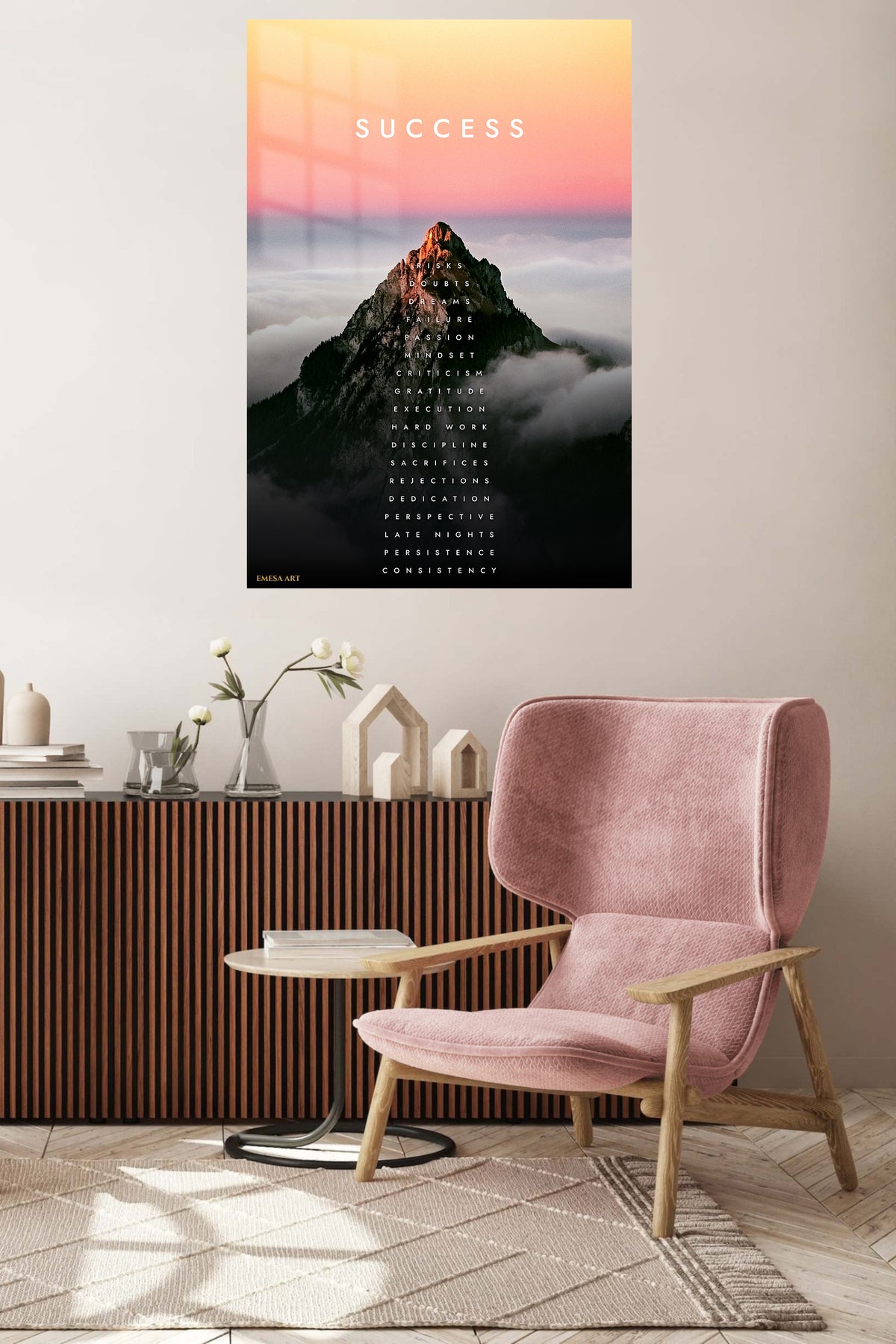 Success Mountain Mindset metal wall art displayed in a contemporary living space