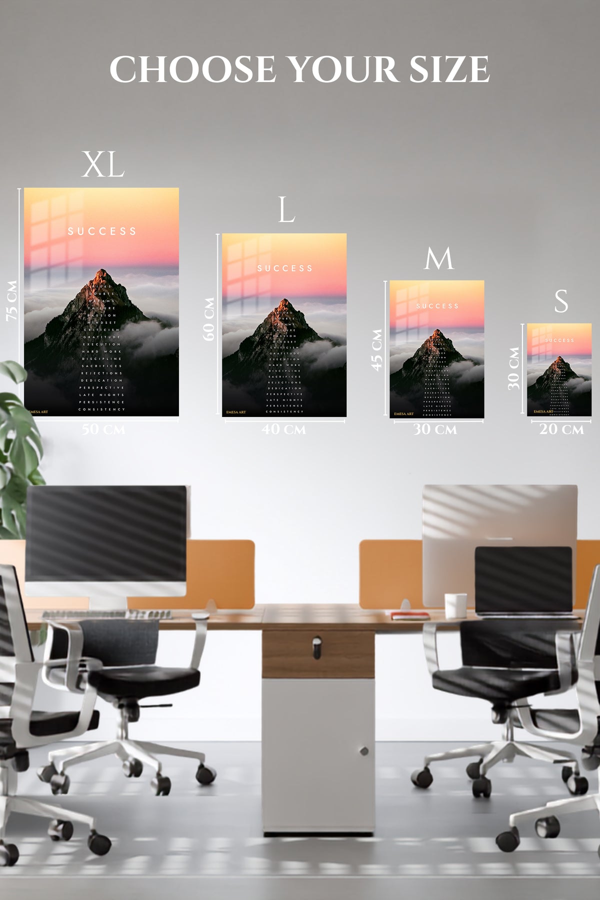 EMESA metal wall art size comparison guide for Success Mountain Mindset